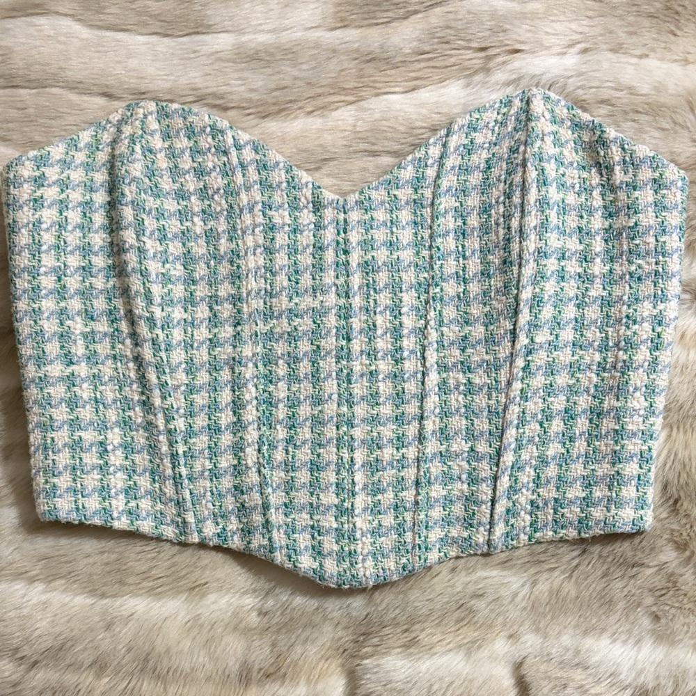 Zara Tweed Corset Bustier- Green, Blue, and Ivory